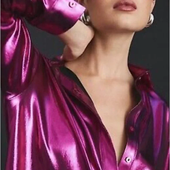Anthropologie “SHINE” metallic magenta button-up top. - Picture 2 of 12